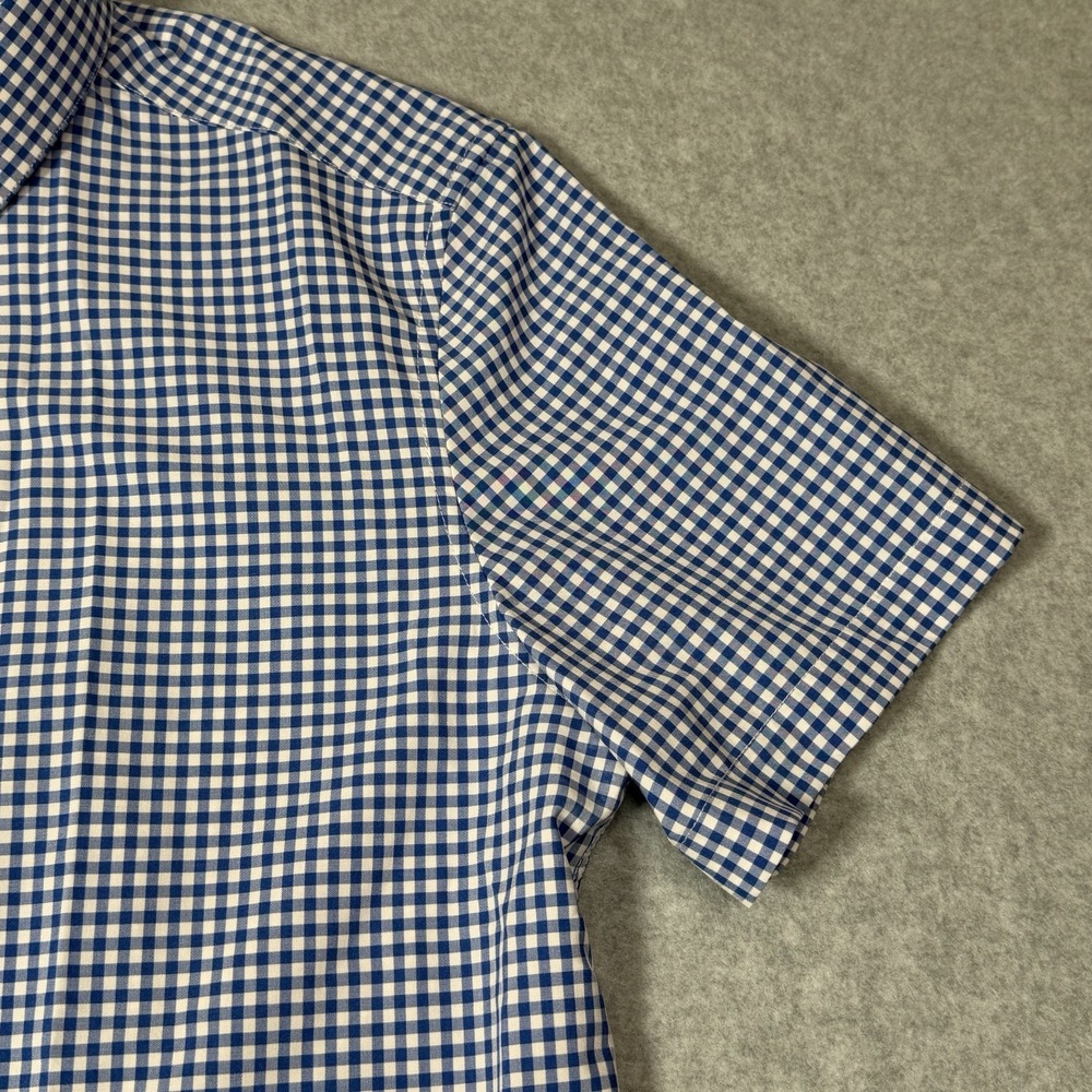 Barbell Shirt Mens Medium Blue White Gingham Short Sleeve Button Front Stretch - Picture 5 of 9